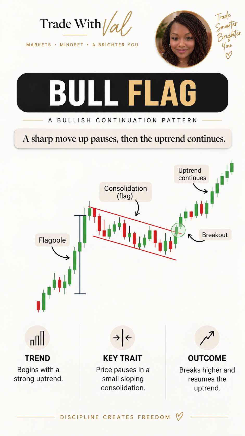 Bull Flag: A sharp move up pauses, then the uptrend continues.